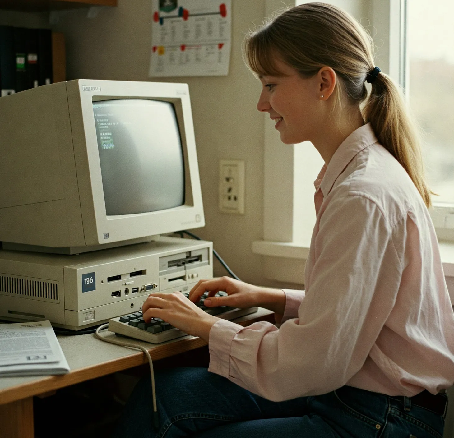 Kvinnor som sitter framför en dator, 1980