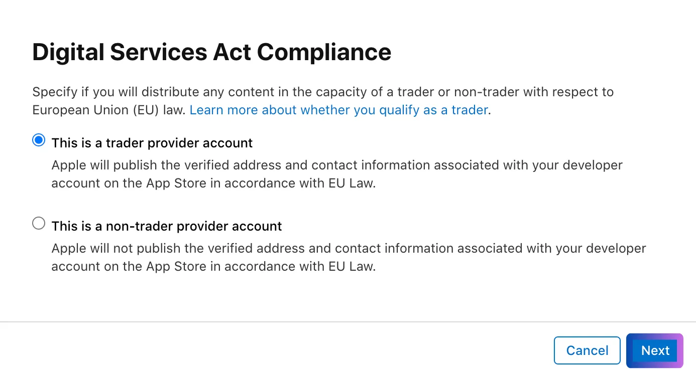 Select the option "This is a trader provider account".