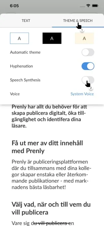 Activate the speech synthesis functionality within the Aa-menu and the panel "Theme &amp; Speech".