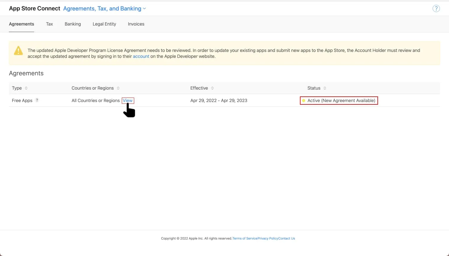 Tabular view of an updated "Free Apps" agreement ready to be reviewed and approved.