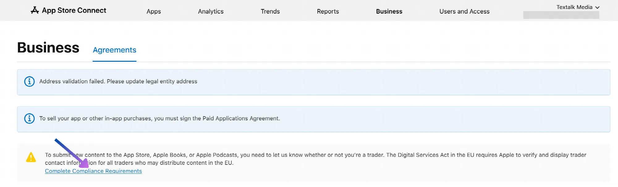 Select the link "Complete Compliance Requirements".