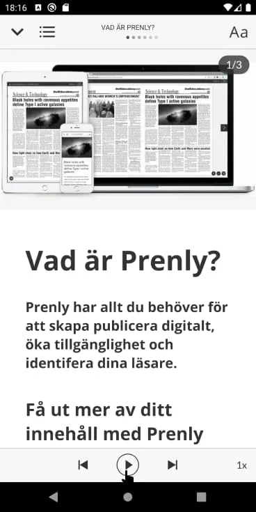 Artikelläsläge med aktiverad textuppläsning. Välj "Spela upp"-ikonen för att påbörja textuppläsningen.