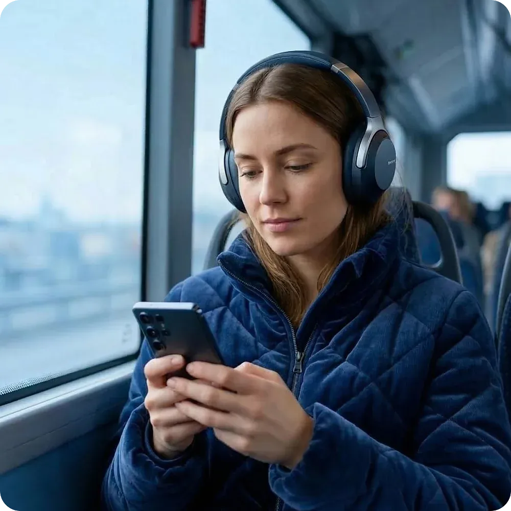A hand holding an ePaper mobile app, with elements like podcasts, reading mode, ads, and puzzles flying out to illustrate what Prenly enables.