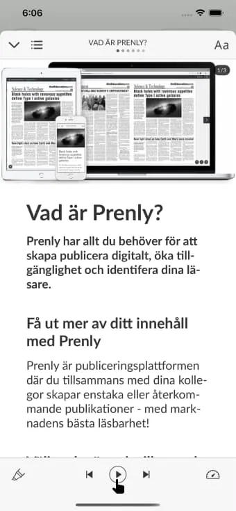Artikelläsläge med aktiverad textuppläsning. Välj "Spela upp"-ikonen för att påbörja textuppläsningen.