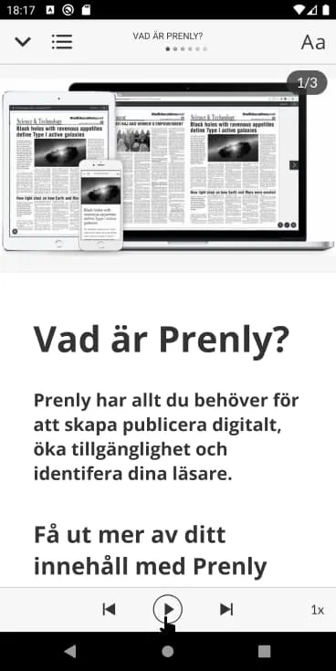 Article reading mode with activated speech synthesis functionality.