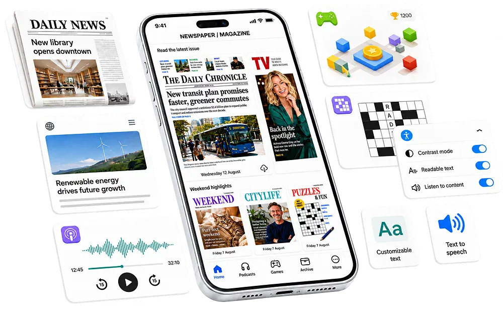 Prenly Reader brings e-newspapers, online news, podcasts, games, crosswords and accessibility features together in one digital reading experience.