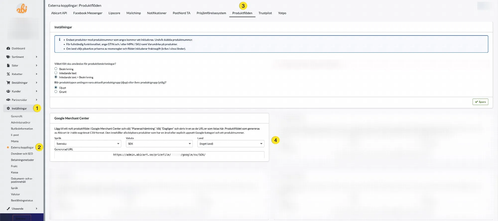 Gå till Google feed-inställningar