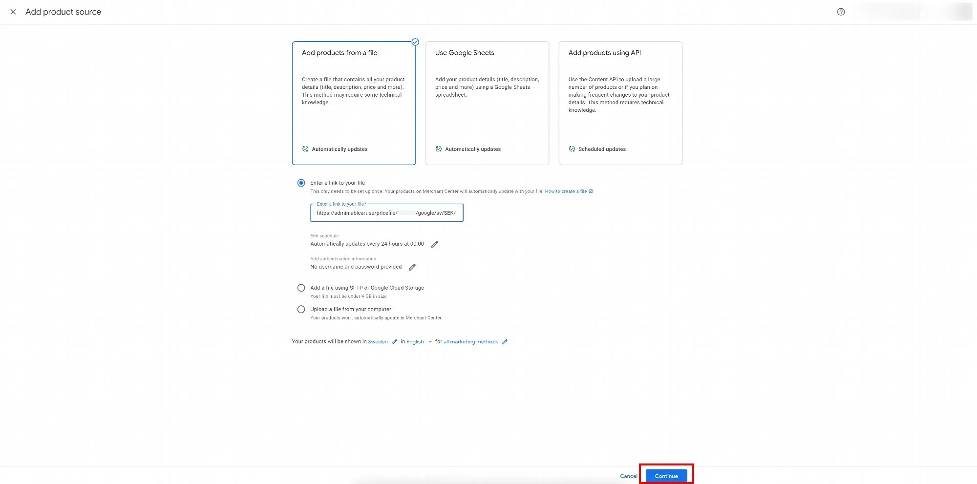 Review the file link and select Continue