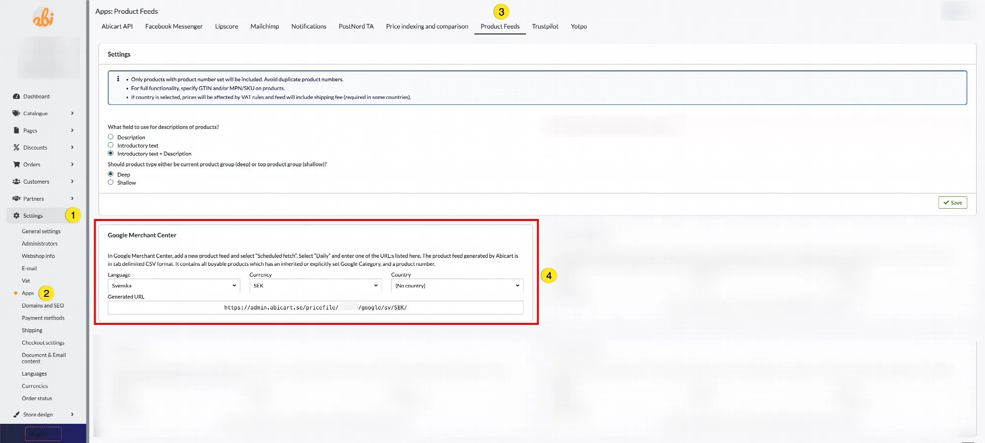 Open Product Feeds under Settings → Apps