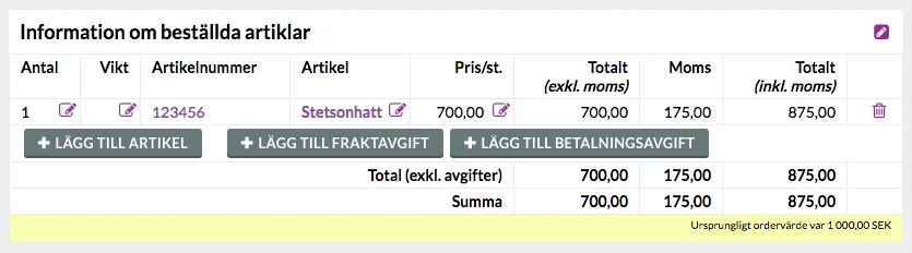 Order line with quantity, unit price, and comparison with the original amount