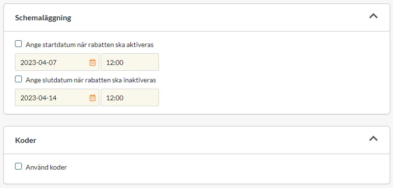 Procentuell rabatt, inställningar