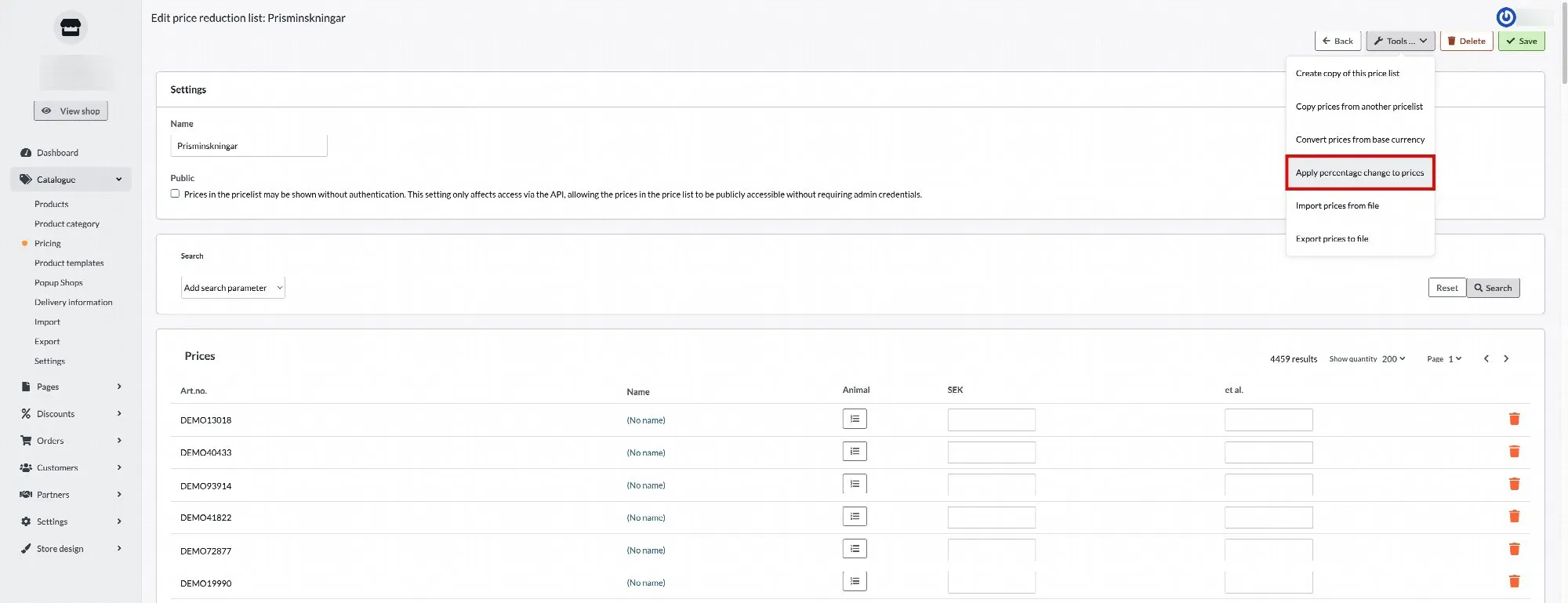 Select Apply Percentage Changes
