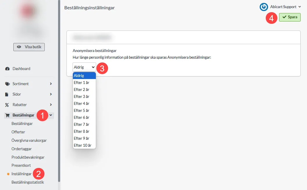 The Anonymize orders setting in Abicart Admin