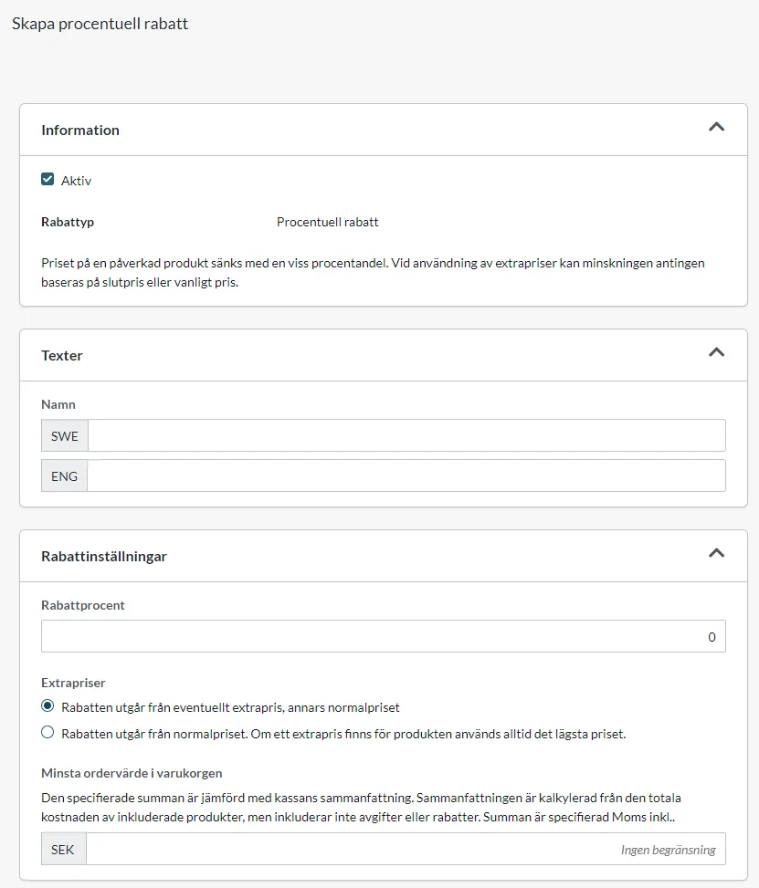 Procentuell rabatt, inställningar